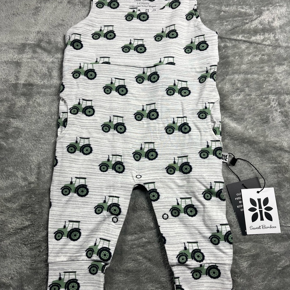 Gray and Green Bodysuit with Playful Tractor Print